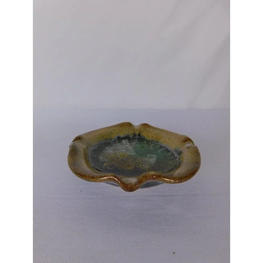 Vintage Crushed Glass Ceramic Ashtray Brown Green Multicolor Pottery Retro Decor